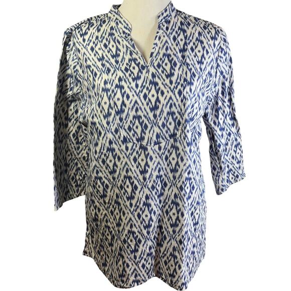 Grand and Greene Linen Blend Royal Blue White Tunic Top Size Large L V Neck - Picture 1 of 8